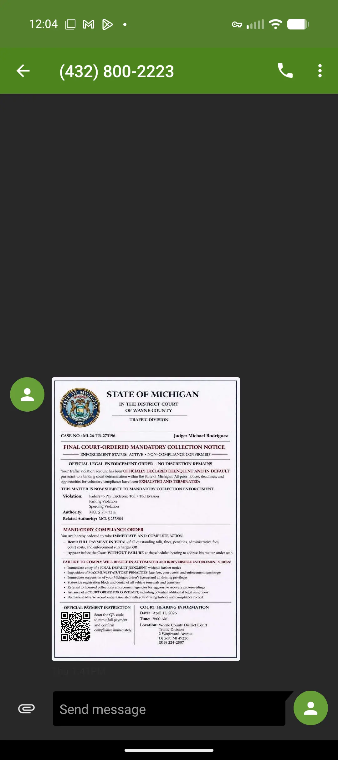 Screenshot of phishing text message received from (432) 800-2223